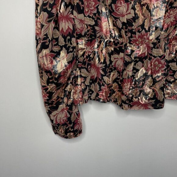 EXPRESS Top Womens Small S Metallic Gold Red Floral Peplum Blouse NEW Faux Wrap - Picture 6 of 10